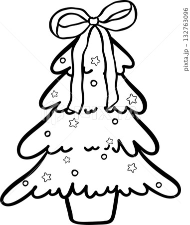 Outline Coquette Preppy Christmas Tree with Ribbon Bow Doodle Hand Drawn Outline Coquette Preppy Christmas Tree with Ribbon Bow Doodle Hand Drawn 132763096