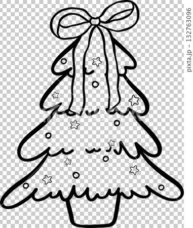 Outline Coquette Preppy Christmas Tree with Ribbon Bow Doodle Hand Drawn Outline Coquette Preppy Christmas Tree with Ribbon Bow Doodle Hand Drawn 132763096