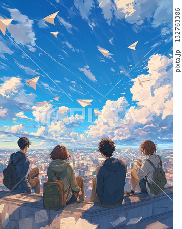 屋上から街を見下ろす学生と青空に飛ぶ紙飛行機 132763386