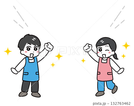 シンプルな吹き出しとエプロン姿で紹介している男女のスタッフ(全身) 132763462