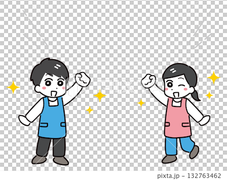 シンプルな吹き出しとエプロン姿で紹介している男女のスタッフ(全身) 132763462