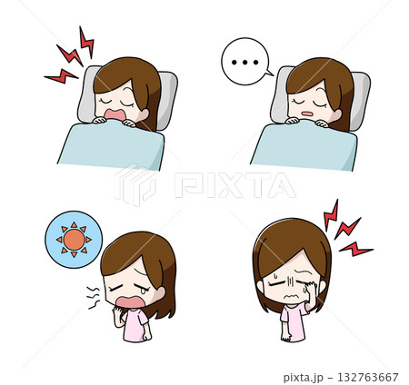 睡眠時無呼吸症候群の症状のイラストセット・女性 睡眠時無呼吸症候群の症状のイラストセット・女性 132763667