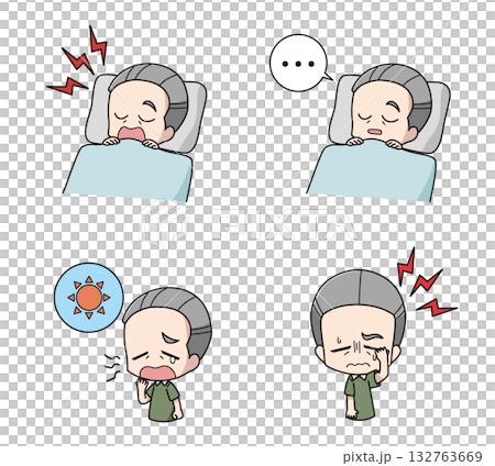 睡眠時無呼吸症候群の症状のイラストセット・高齢男性 132763669