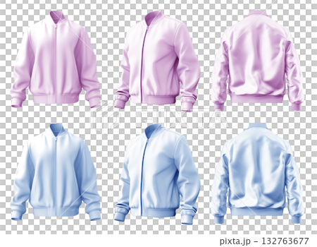 2 Set of pastel violet blue purple, unisex bomber jacket with full zip zipper collar, front back side view on transparent background cutout, PNG file. Mockup template 132763677