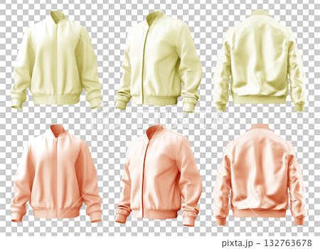 2 Set of pastel orange yellow, unisex bomber jacket with full zip zipper collar, front back side view on transparent background cutout, PNG file. Mockup template 132763678