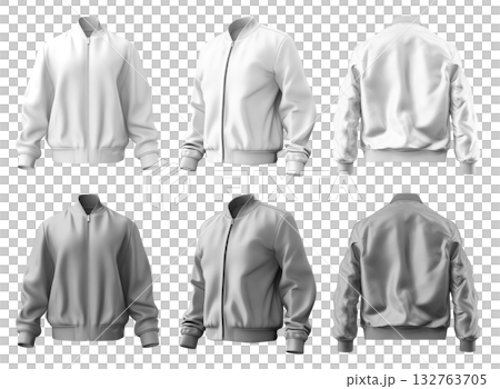 2 Set of white and light grey gray, unisex bomber jacket with full zip zipper collar, front back side view on transparent background cutout, PNG file. Mockup template  132763705