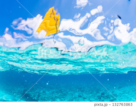 沖縄のサバニと白砂ビーチの半水面撮影。美しいサンゴ礁と熱帯魚の群れ。 嘉比島沖縄県 島尻郡慶良間諸島 沖縄のサバニと白砂ビーチの半水面撮影。美しいサンゴ礁と熱帯魚の群れ。 嘉比島沖縄県 島尻郡慶良間諸島 132763863