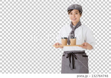 Waitress carrying coffee on a tray, woman wearing a chef's coat 132764748