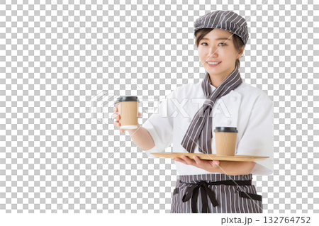 女服務生端著托盤送咖啡,她穿著廚師服。 女服務生端著托盤送咖啡,她穿著廚師服。 132764752