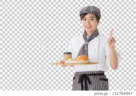 トレーにハンバーガーを持つコックコートを着た女性 132764947