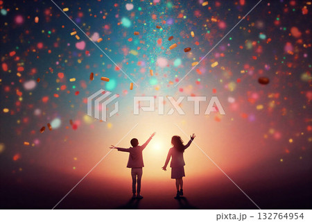 お菓子の雨に喜ぶ子供 お菓子の雨に喜ぶ子供 132764954