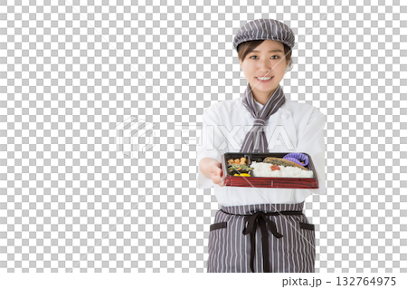お弁当を持つコックコートを着た女性（切り抜き,きりぬき） 132764975