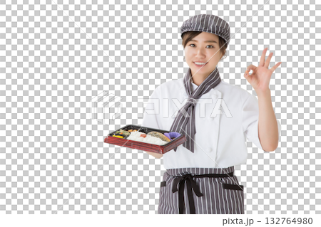 お弁当を持つコックコートを着た女性（切り抜き,きりぬき） 132764980