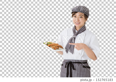 お弁当を持つコックコート姿の若いアジア人女性（切り抜き,きりぬき） 132765183