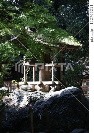 岩の上の社と緑の樹々の森の風景 岩の上の社と緑の樹々の森の風景 132765211