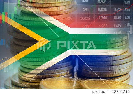 Stock market investment trading financial, coin and South Africa flag , finance business trend data. Stock market investment trading financial, coin and South Africa flag , finance business trend data. 132765236