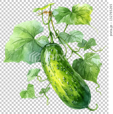 Cucumber vine watercolor hand drawing isolated on white background PNG transparent clipart. 132765265
