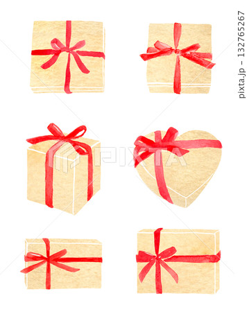 赤いリボンのプレゼントの箱　水彩イラスト 132765267