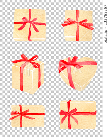 赤いリボンのプレゼントの箱　水彩イラスト 132765267