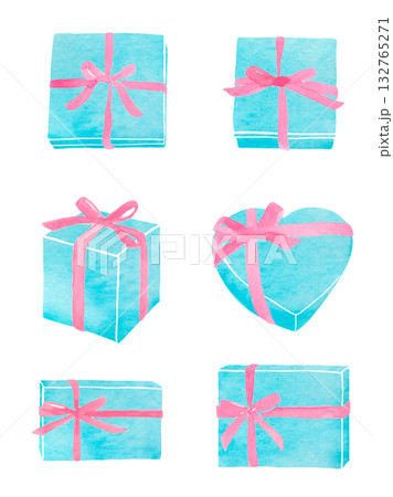 ピンク色のリボンをかけた水色のギフトボックス　水彩イラスト 132765271