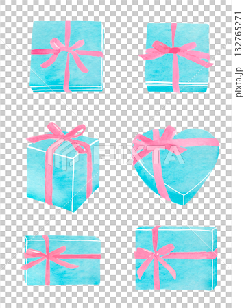 ピンク色のリボンをかけた水色のギフトボックス　水彩イラスト 132765271