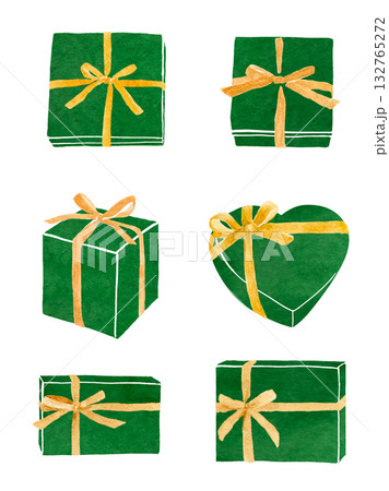 金色のリボンをかけた緑色のギフトボックス 水彩イラスト 金色のリボンをかけた緑色のギフトボックス 水彩イラスト 132765272