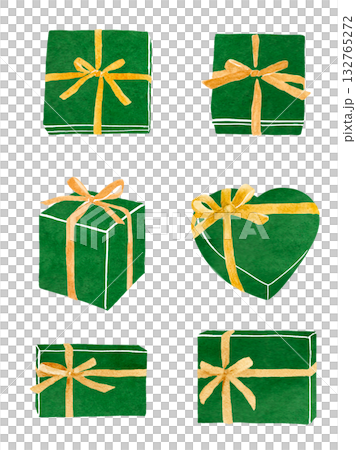 金色のリボンをかけた緑色のギフトボックス 水彩イラスト 金色のリボンをかけた緑色のギフトボックス 水彩イラスト 132765272