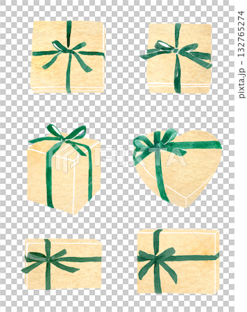 A gift box with a green ribbon, watercolor illustration 132765274