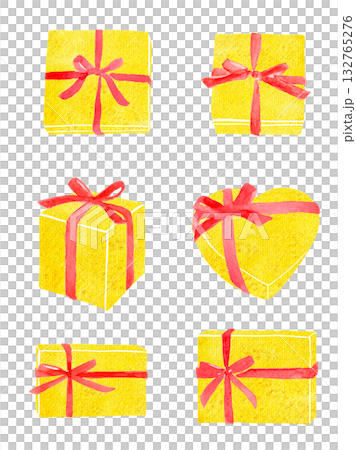 Golden gift box with red ribbon watercolor illustration Golden gift box with red ribbon watercolor illustration 132765276