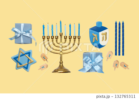 Hanukkah menorah, dreidel, star and wrapped gifts arranged on yellow 132765311