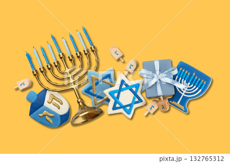 Hanukkah colorful decorations including a menorah, dreidel, and gifts Hanukkah colorful decorations including a menorah, dreidel, and gifts 132765312