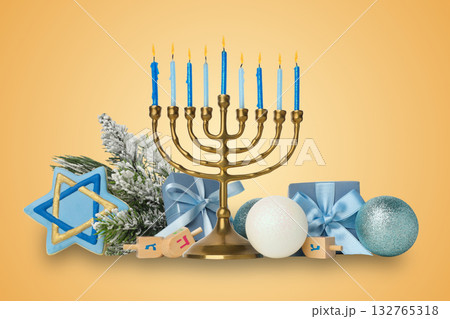 A menorah with blue candles and holiday decor A menorah with blue candles and holiday decor 132765318