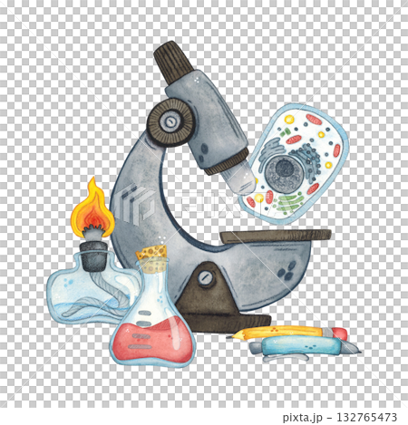 A scientific composition featuring a microscope, spirit lamp, flask, and cell. Hand-drawn watercolor illustration, cartoonish. Science, festival, laboratory, solution, chemistry, biology 132765473