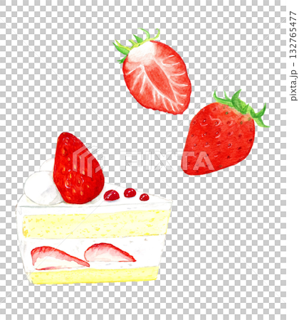 Hand-painted watercolor strawberry shortcake and strawberry illustration 132765477