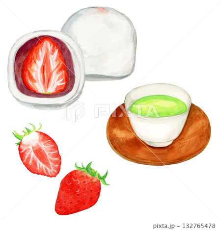 手描き水彩 いちご大福と煎茶といちごのイラスト 手描き水彩 いちご大福と煎茶といちごのイラスト 132765478