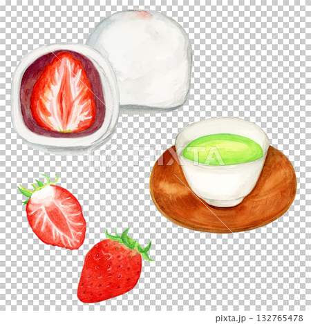 手繪水彩插畫,描繪了草莓大福、綠茶和草莓 手繪水彩插畫,描繪了草莓大福、綠茶和草莓 132765478