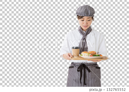 Young Asian woman in a chef's coat holding a hamburger on a tray (cutout) 132765552