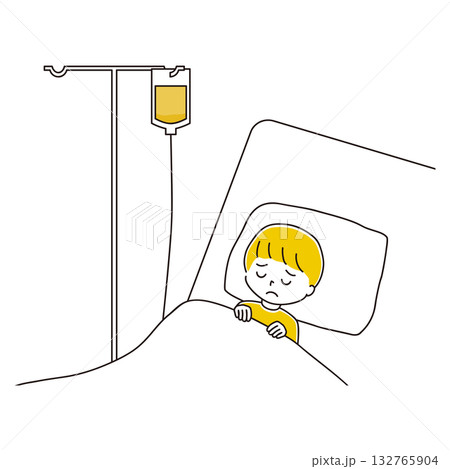 辛そうにベッドで点滴を受ける男の子のイラスト 132765904