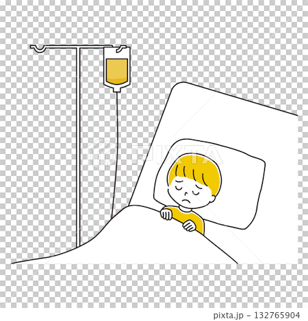 辛そうにベッドで点滴を受ける男の子のイラスト 132765904