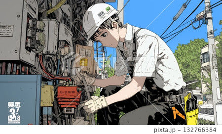 配線工事をしている男性作業員