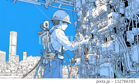 配線工事をしている男性作業員