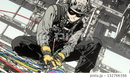 配線工事をしている男性作業員