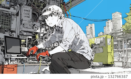 配線工事をしている男性作業員