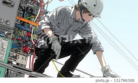 配線工事をしている男性作業員