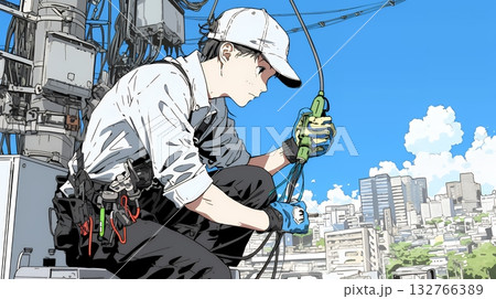 配線工事をしている男性作業員