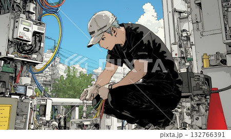 配線工事をしている男性作業員