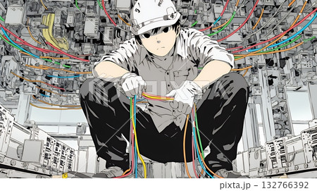 配線工事をしている男性作業員