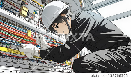 配線工事をしている男性作業員