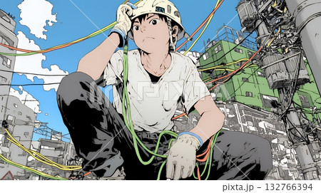 配線工事をしている男性作業員