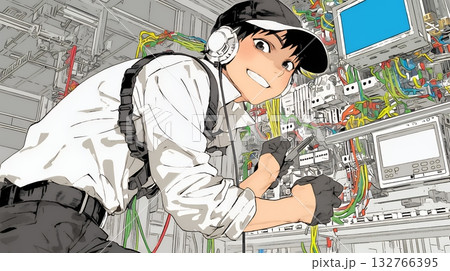 配線工事をしている男性作業員